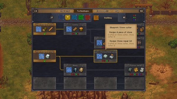 Graveyard Keeper screenshot: A technology tree displays options for crafting stone items, including blueprints for stone cutter and repair kits.