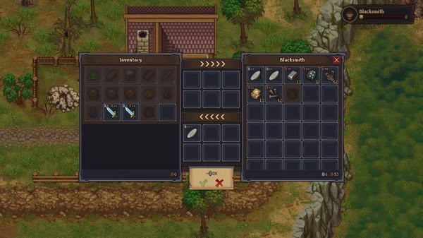 Graveyard Keeper screenshot: A trade interface with inventory items and blacksmith options displayed near a house and riverbank.