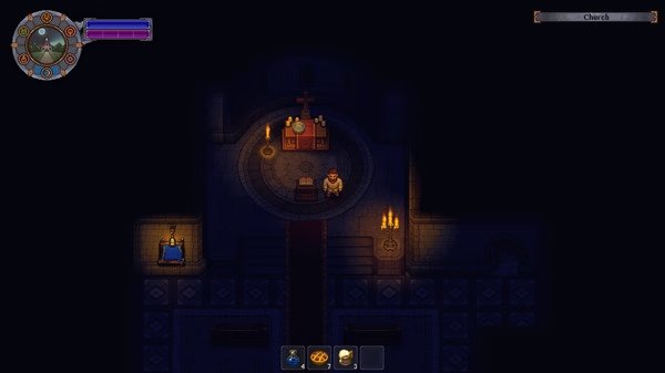 Screenshot of Graveyard Keeper showing a character standing in a dimly lit church with candles and religious symbols.