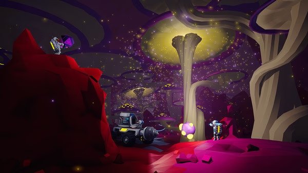 ASTRONEER screenshot: Two astronauts explore an alien cave with glowing mushrooms, surrounded by vibrant purple and red terrain.