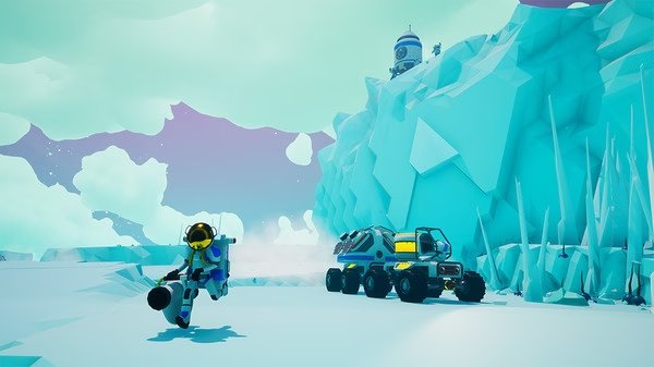 ASTRONEER screenshot: A player in a spacesuit explores an icy landscape with a futuristic rover and a rounded building in the background.