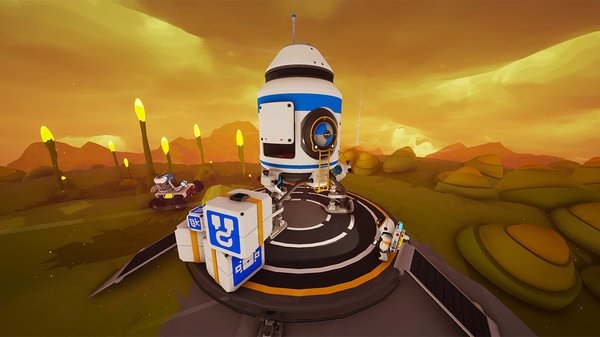 ASTRONEER screenshot: A futuristic blue and white rocket stands on a launch pad surrounded by alien terrain and glowing plants.