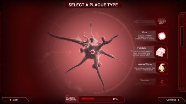 Screenshot from Plague Inc: Evolved showing the plague type selection menu with options like Virus, Fungus, and Neurax Worm.