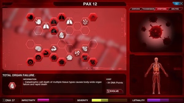 Plague Inc: Evolved screenshot showing the symptoms menu, with organ failure selected and virus visuals displayed on a red interface.
