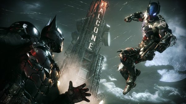 Screenshot from Batman: Arkham Knight showing Batman confronting a foe in front of a Falcone building at night.