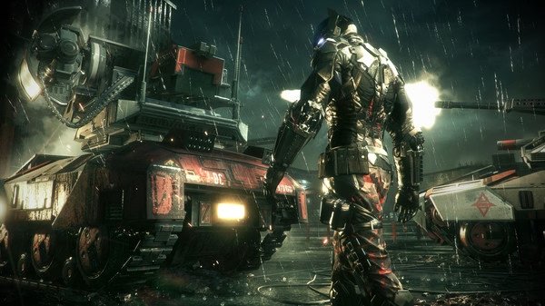 Batman: Arkham Knight screenshot featuring Batman facing a heavily armed tank in a dark, rain-soaked urban environment.