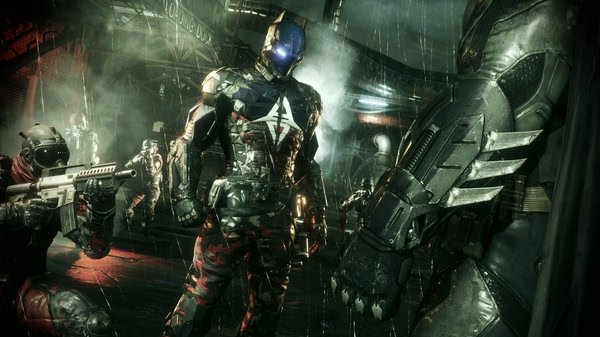 Screenshot from Batman: Arkham Knight showing the Arkham Knight confronting Batman in a tense, rain-soaked scene with armed soldiers nearby.
