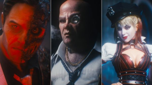 A screenshot from Batman: Arkham Knight showing three characters, including a police officer in detailed attire, in a vibrant setting.