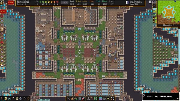 Screenshot of Dwarf Fortress showing a complex fortress layout with rooms, furniture, and various items arranged symmetrically.