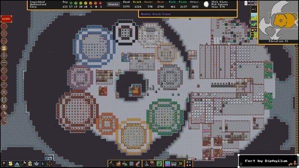 Screenshot of Dwarf Fortress showing a detailed fortress layout with circular rooms, workshops, and a central meeting area.