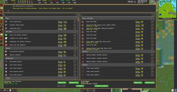Screenshot of Dwarf Fortress showing a detailed inventory menu with various items listed, including bags, gloves, and goblets.
