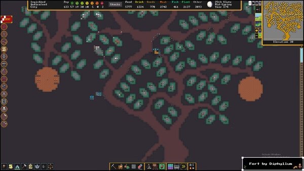Dwarf Fortress screenshot showing a large tree with vibrant leaves, dwarves navigating branches, and a detailed map in the corner.