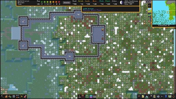 Dwarf Fortress screenshot: A fortress layout with stone walls and pathways, surrounded by a snowy landscape and tree clusters.