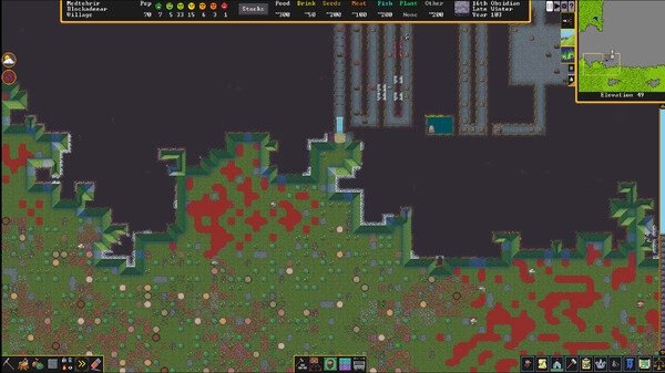 Screenshot from Dwarf Fortress showing a fortress layout with various rooms and pathways surrounded by a grassy landscape.