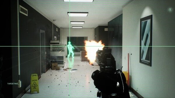 RoboCop: Rogue City screenshot: RoboCop fires at a glowing enemy in a corridor, with debris scattered and caution signs visible.