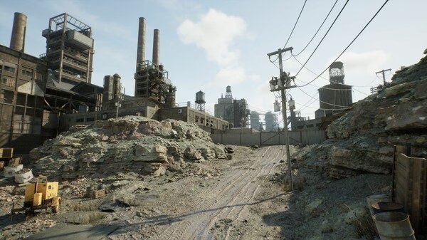 A screenshot from RoboCop: Rogue City showing an industrial area with factories, power lines, and a dirt road leading up to a tall fence.