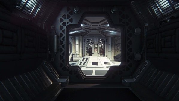 Screenshot from Alien: Isolation showing a futuristic, dimly lit spaceship corridor leading to a brightly lit control room.