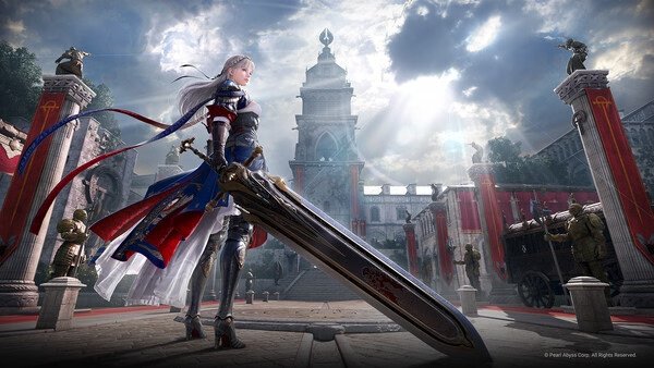 Screenshot from Black Desert showing a warrior with silver hair wielding a large sword in front of a grand castle.