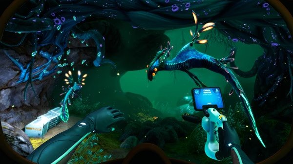 Screenshot from Subnautica: Below Zero showing a player encountering an underwater creature in a vibrant, alien cave.