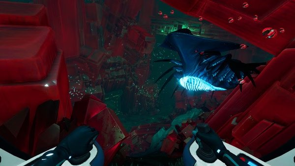 Subnautica: Below Zero screenshot of a player navigating a submarine through a glowing underwater cavern with a whale-like creature.