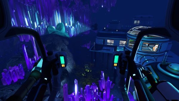 Screenshot from Subnautica: Below Zero showing vibrant purple crystals and a futuristic base viewed through a vehicle's cockpit.
