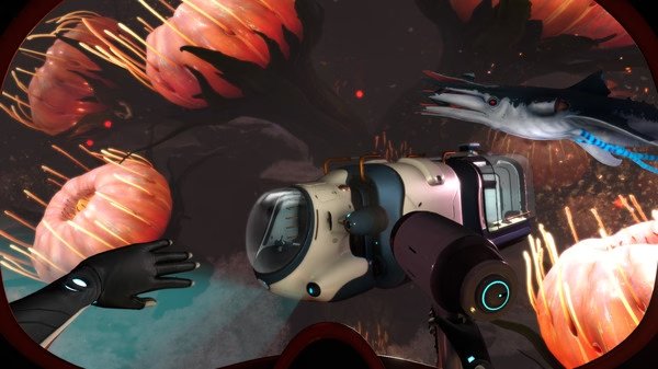 Subnautica: Below Zero screenshot showing a player exploring underwater near a submarine, with alien fish and plants in view.