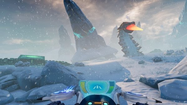 Subnautica: Below Zero screenshot showing a snowy landscape with large rock formations and a glowing-eyed creature in the distance.