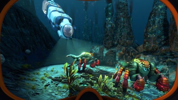 Subnautica: Below Zero screenshot showcasing two colorful crustaceans on the ocean floor, with a submarine in the background.