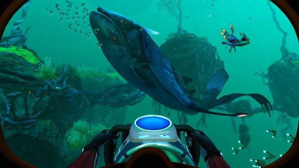 Subnautica: Below Zero screenshot of a large aquatic creature swimming near tangled vines and smaller fish in an underwater environment.