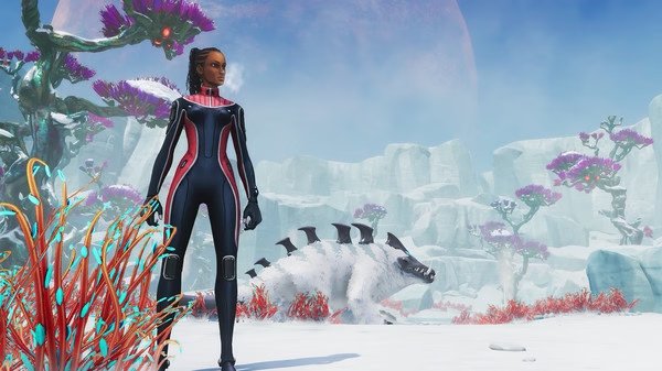 Screenshot from Subnautica: Below Zero showing a character in a diving suit facing a creature in an icy landscape.