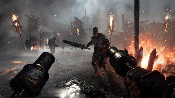 Warhammer: Vermintide 2 screenshot showing a player aiming weapons at approaching enemies amid fiery ruins and foggy skies.