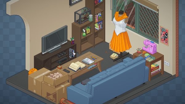 Screenshot from Unpacking: A living room with a TV, bookshelves, sewing machine, and boxes, featuring a dress on a mannequin.