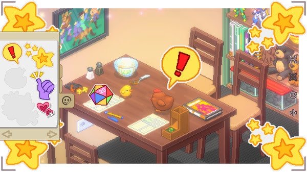 Screenshot from 'Unpacking': A cluttered dining table with toys, a bowl, and books, surrounded by yellow star icons.