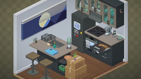 A screenshot from Unpacking shows a kitchen with unpacked items on counters and boxes on the floor ready to be organized.