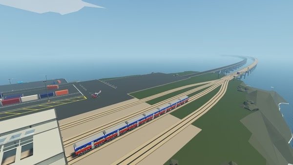 Screenshot from Stormworks: Build and Rescue shows a colorful train on tracks near a coastal station and large bridge.