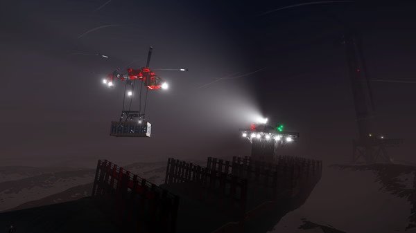 Screenshot from Stormworks: Build and Rescue showing a helicopter flying over a ship at night, illuminated by bright lights.