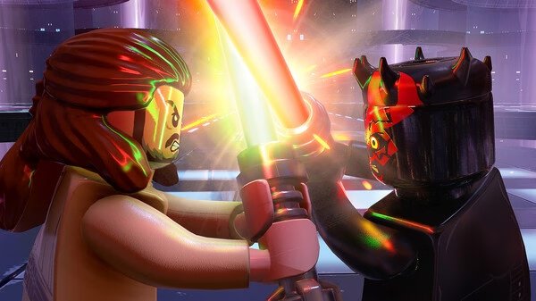 LEGO Star Wars: The Skywalker Saga screenshot showing a dramatic lightsaber duel between Qui-Gon Jinn and Darth Maul.