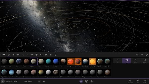 Universe Sandbox screenshot showing a simulated solar system with planets, orbits, and the Milky Way in the background.