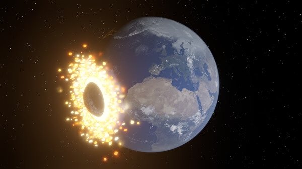 Universe Sandbox screenshot: A planet collides with Earth, causing a fiery explosion and scattering debris in space.
