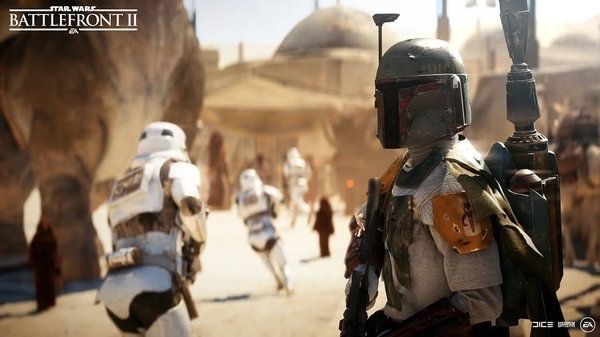 Screenshot of STAR WARS Battlefront II showing Boba Fett in detailed armor with stormtroopers in a desert-like environment.