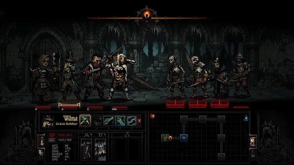 Darkest Dungeon screenshot: Heroes face skeleton foes in a dim dungeon. Grave Robber skills and map are visible below.