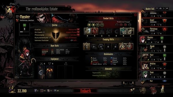 Darkest Dungeon screenshot: Character stats screen of Chester the Jester, showing abilities, quirks, and preferred combat roles.