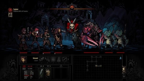 Darkest Dungeon screenshot: Heroes face off against grotesque monsters in a dungeon, with character stats and map displayed below.
