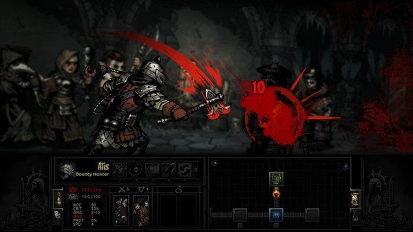 Darkest Dungeon screenshot: A Bounty Hunter attacks an enemy, causing a 10 damage hit, while other characters wait in the background.