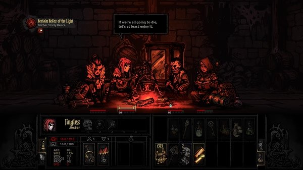 Darkest Dungeon screenshot: Four adventurers sit around a campfire in a dungeon. Inventory and character stats are visible.