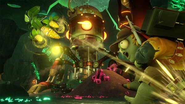 Plants vs. Zombies Garden Warfare 2 screenshot showing a corn plant attacking a zombie near a glowing machine in a cavern.