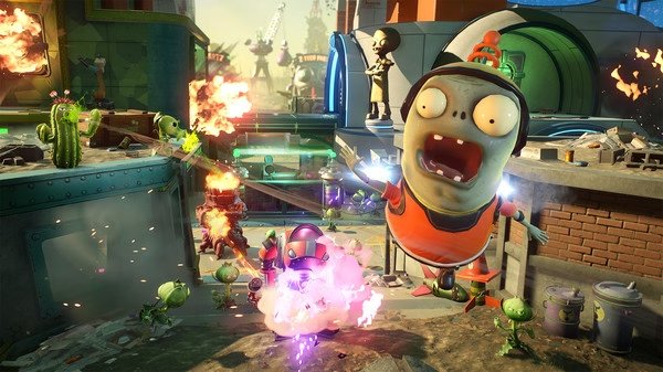 Screenshot from Plants vs. Zombies Garden Warfare 2 showing a chaotic battle scene with zombies and plants firing at each other.