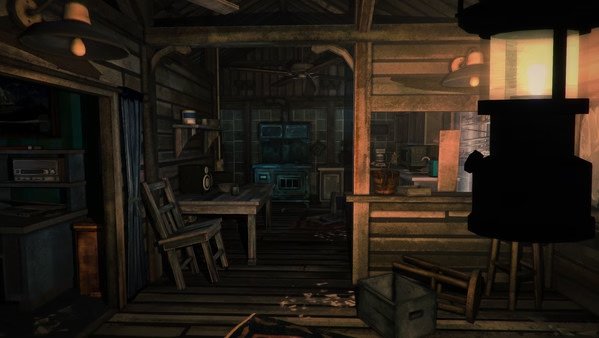 A screenshot from The Long Dark showing the interior of a rustic cabin with wooden furniture, a lantern, and a stove.