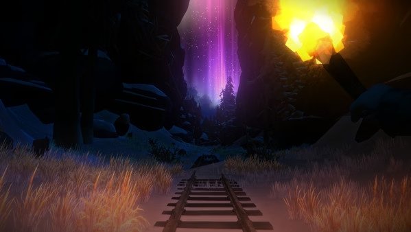 A screenshot from The Long Dark showing a torch-lit railway surrounded by snowy terrain under glowing aurora-lit skies.