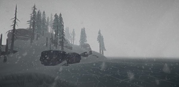 Screenshot from The Long Dark, depicting a snowy landscape with frozen lake and pine trees under a gray, overcast sky.